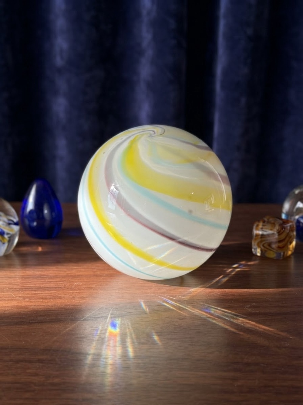Vintage Hand-Blown Marano style Swirl Glass Art Sphere in Yellow and White